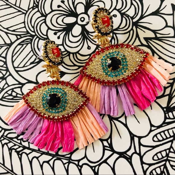 House Of Adornments Jewelry - Evil eye raffia rhinestone earrings pinks